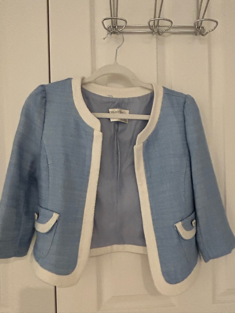 CHLEO Light Blue Cropped Tweed Jacket with White Trim